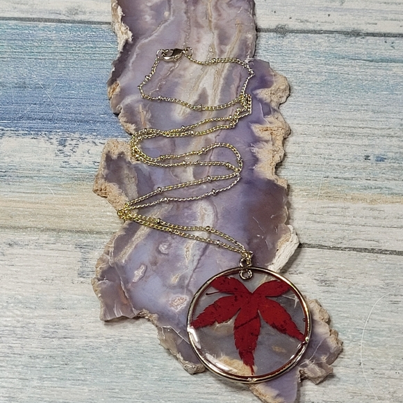 Jewelry - Gold Necklace with Red Leaf Pendant